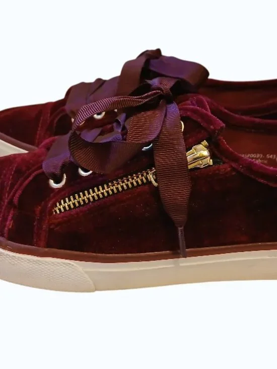 NOT RATED Red/Burgundy Velvet Gold Zipper Satin Lace Sneakers - Picture 6 of 16
